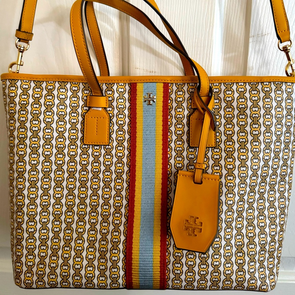 Tory Burch Link Canvas small tote in yellow, beige and red colors.